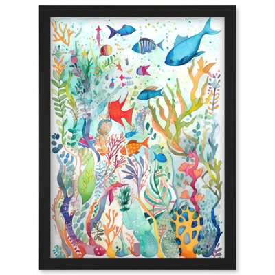 Artery8 Aquatic Scene Marine Life Folk Art Watercolour Painting Wall Art Print - A4 Size