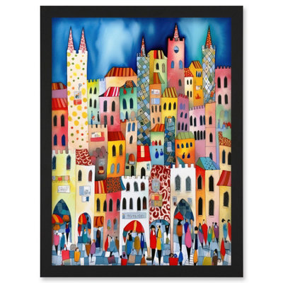 Artery8 Busy Street Vertical Cityscape Folk Art Watercolour Painting Wall Art PrintA4 Size from B&Q