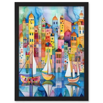 Artery8 Modern Marina Colourful Cityscape Pattern Folk Art Watercolour Painting Wall Art PrintA4 Size from B&Q
