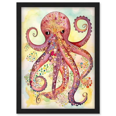Artery8 Octopus Portrait Bright Folk Art Watercolour Painting Wall Art PrintA4 Size