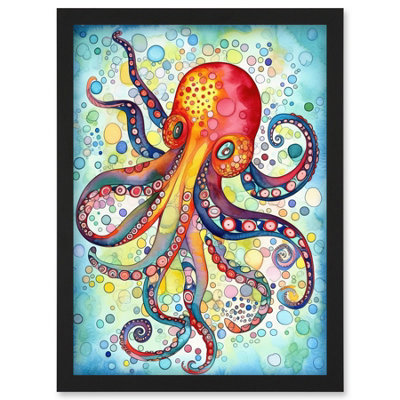 Artery8 Octopus Swimming In Air Bubbles Folk Art Watercolour Painting Wall Art PrintA4 Size from B&Q