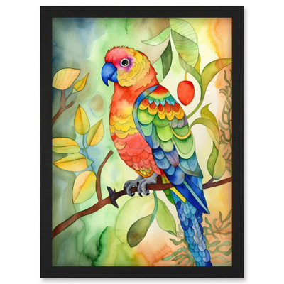 Artery8 Parrot Bird On Tree Branch Folk Art Watercolour Painting Wall Art PrintA4 Size from B&Q