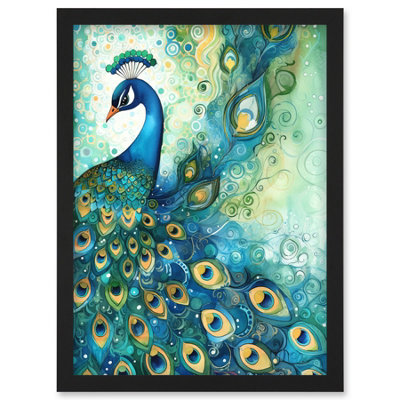 Artery8 Peacock Bird Concept Folk Art Watercolour Painting Wall Art PrintA4 Size from B&Q