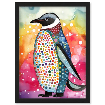 B&Q -  Cute Multicoloured Spot Penguin Folk Art Wall Art PrintA4 Size