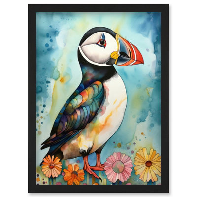Artery8 Puffin Bird With Flowers Folk Art Wall Art PrintA4 Size from B&Q