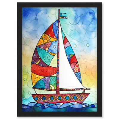 Artery8 Sailboat With Flower Pattern Folk Art Wall Art PrintA4 Size from B&Q