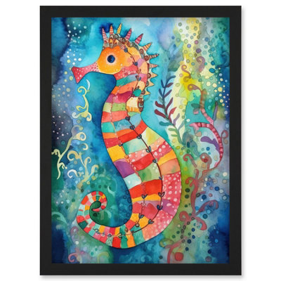 B&Q -  Seahorse In Aquatic Plants Folk Art Wall Art PrintA4 Size