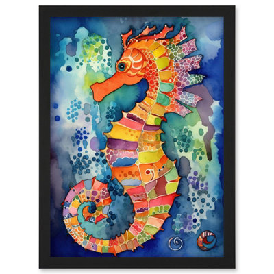 B&Q -  Vibrant Colour Pattern Seahorse Folk Art Wall Art PrintA4 Size