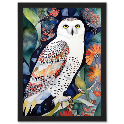 Artery8 Snowy Owl On Blooming Tree Folk Art Wall Art PrintA4 Size from B&Q