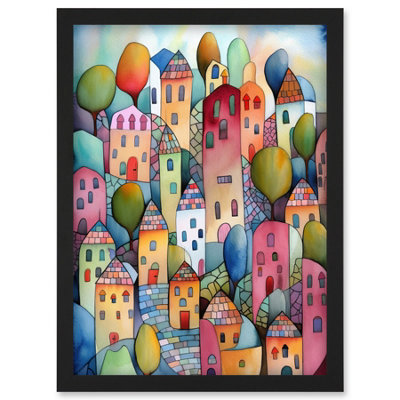 Artery8 Village On The Hill Cobble Streets Folk Art Wall Art PrintA4 Size from B&Q