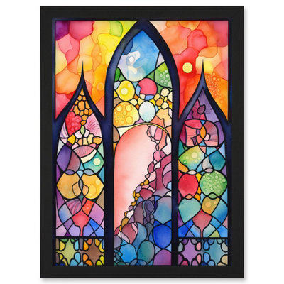 B&Q -  Stained Glass Window Folk Art Abstract Wall Art PrintA4 Size