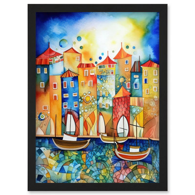 B&Q -  Abstract Sailing Seafront Folk Art Wall Art PrintA4 Size