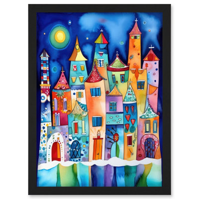 Artery8 Midnight Abstract Town Folk Art Wall Art PrintA4 Size from B&Q