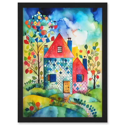 Artery8 Farmhouse In The Flowers Folk Art Wall Art PrintA4 Size from B&Q