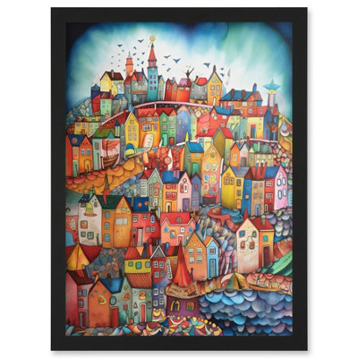 B&Q -  Abstract Fishing Village Folk Art Wall Art PrintA4 Size