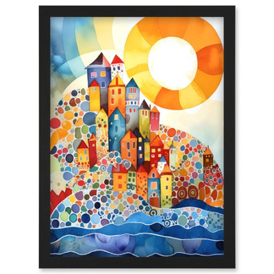 Artery8 Abstract Seascape Sunrise Village Folk Art Wall Art PrintA4 Size from B&Q