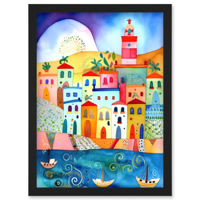 Artery8 Tunisia Seaside Town Folk Art Wall Art PrintA4 Size from B&Q
