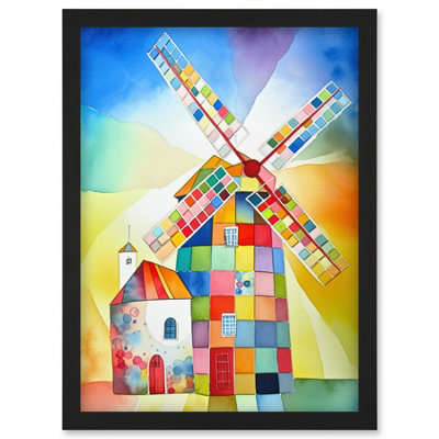 Artery8 Abstract Patchwork Windmill Old Amsterdam Folk Art Wall Art PrintA4 Size from B&Q