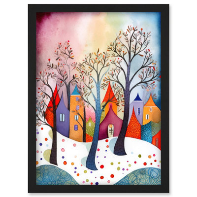 B&Q -  Winter Whimsy Forest Village Folk Art Wall Art PrintA4 Size
