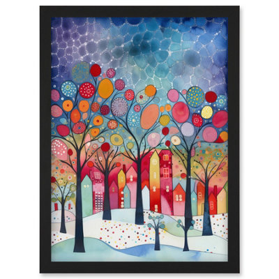 B&Q -  Winter Abstract Village Folk Art Wall Art PrintA4 Size