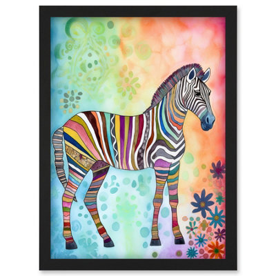 Artery8 Rainbow Floral Zebra Folk Art Wall Art PrintA4 Size from B&Q