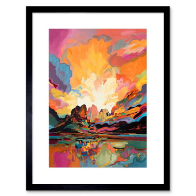 Artery8 Wall Art Print Atmospheric Sunset Clouds Vibrant Colour Lakescape Modern Watercolour Painting Artwork Framed 9X7 Inch from B&Q