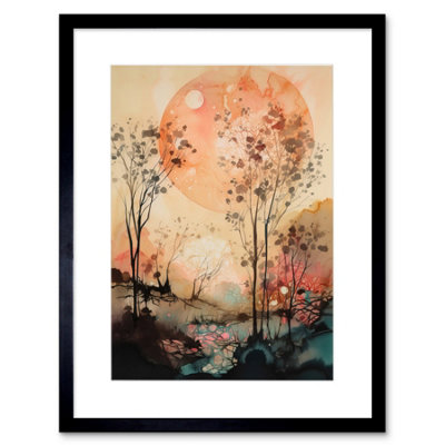 Artery8 Wall Art Print Misty Riverside Trees Sunset Landscape Modern Boho Watercolour Painting Artwork Framed 9X7 Inch from B&Q