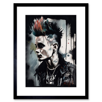 Artery8 Wall Art Print Punk Rock Music Fashion Young Man With A Mohawk Modern Watercolour Painting Artwork Framed 9X7 Inch from B&Q