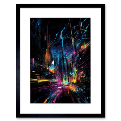 Artery8 Wall Art Print New York City At Night Modern Abstract Neon Contrast Painting Artwork Framed 9X7 Inch from B&Q