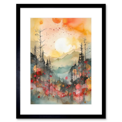 Artery8 Wall Art Print Sunrise Over Misty Mountain Forest Landscape Modern Watercolour Painting Artwork Framed 9X7 Inch from B&Q