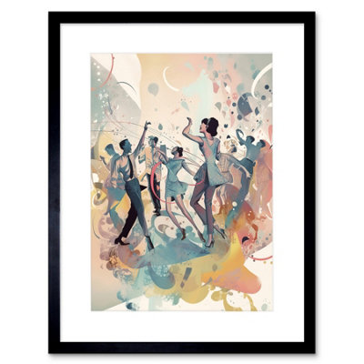 B&Q -  Wall Art Print People Dancing To Music On The Dancefloor Modern Soft Pastel Watercolour Painting Artwork Framed 9X7 Inch