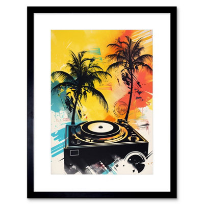 Artery8 Wall Art Print Music Under Palm Trees Tropical Beach Party Modern Watercolour Painting Artwork Framed 9X7 Inch from B&Q