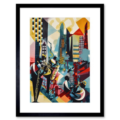 Artery8 Wall Art Print Jazz Musicians Playing On An Urban Landscape Rooftop Abstract Modern Watercolour Artwork Framed 9X7 Inch from B&Q