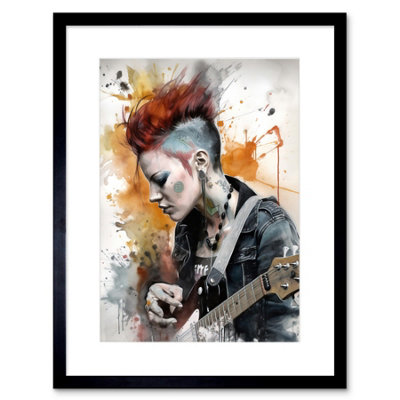 Artery8 Wall Art Print Edgy Young Punk Woman With Mohawk And Electric Guitar Modern Watercolour Painting Artwork Framed 9X7 Inch from B&Q