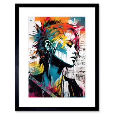 Artery8 Wall Art Print Emo Woman Electric Guitar Sheet Music Upcycle Art Splatter Paint Modern Painting Artwork Framed 9X7 Inch from B&Q