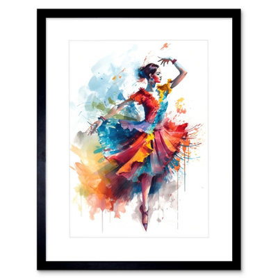 Artery8 Wall Art Print Flamenco Dancer In Motion Rainbow Colour Dress Dance Modern Watercolour Painting Artwork Framed 9X7 Inch from B&Q