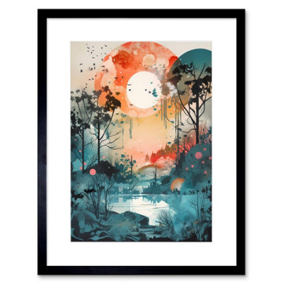 Artery8 Wall Art Print Lakeside Forest Landscape Peaceful Sunrise Morning Modern Watercolour Painting Artwork Framed 9X7 Inch from B&Q