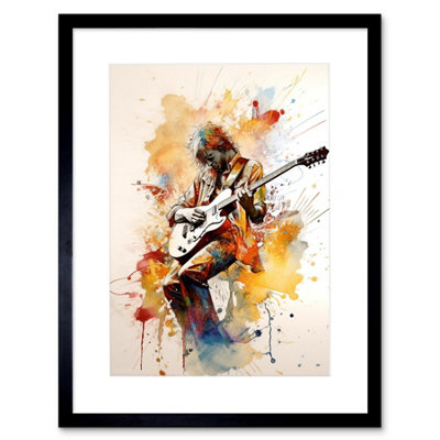 Artery8 Wall Art Print Guitarist Musician Playing Solo On Electric Guitar Modern Watercolour Artwork Framed 9X7 Inch from B&Q