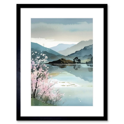 Artery8 Wall Art Print Lakeside Landscape With Cherry Blossom Tree Modern Watercolour Painting Artwork Framed 9X7 Inch from B&Q