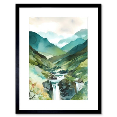 Artery8 Wall Art Print River Cascades Waterfall In Misty Landscape Modern Watercolour Painting Artwork Framed 9X7 Inch from B&Q