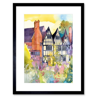 Artery8 Wall Art Print Sunrise Over Tudor Houses And Spring Blossoms Modern Watercolour Painting Artwork Framed 9X7 Inch from B&Q