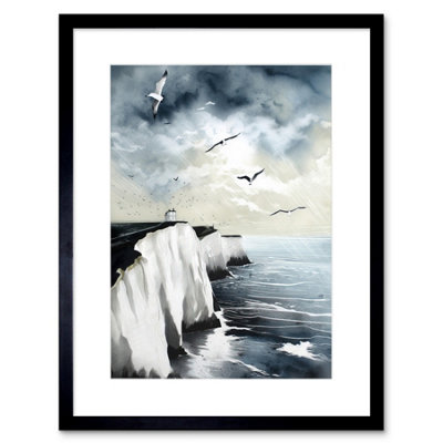 Artery8 Wall Art Print Seagulls Flying Over The White Cliffs Of Dover In England Modern Linocut Artwork Framed 9X7 Inch from B&Q