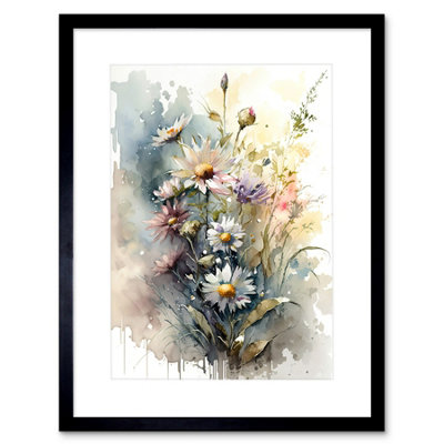 Artery8 Wall Art Print Wild Flower Daisies In Bloom Modern Boho Watercolour Painting Artwork Framed 9X7 Inch from B&Q