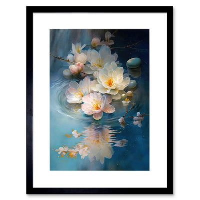 Artery8 Wall Art Print Fallen Cherry Blossom Flower Water Ripples Modern Watercolour Painting Artwork Framed 9X7 Inch from B&Q