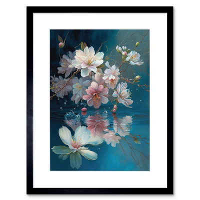 Artery8 Wall Art Print Cherry Blossom Branch Dancing Over Water Modern Watercolour Painting Artwork Framed 9X7 Inch from B&Q