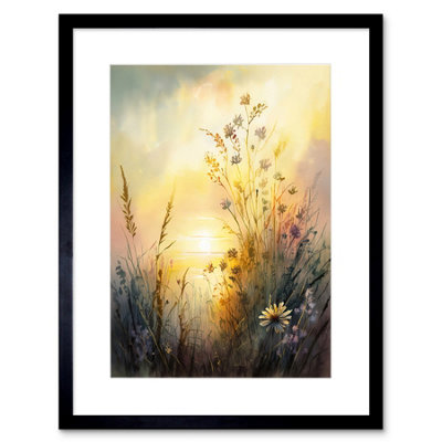 Artery8 Wall Art Print Wildflower By Lakeside On A Misty Morning Sunrise Modern Watercolour Painting Artwork Framed 9X7 Inch from B&Q