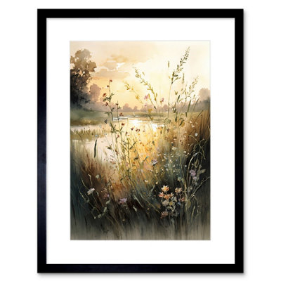 Artery8 Wall Art Print Serene Lakeside Landscape With Wildflowers At Dawn Modern Watercolour Painting Artwork Framed 9X7 Inch from B&Q