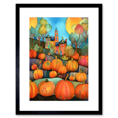 Artery8 Wall Art Print Farm House Halloween Pumpkin Patch Modern Folk Art Watercolour Painting Artwork Framed 9X7 Inch from B&Q