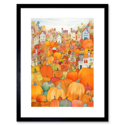Artery8 Wall Art Print Halloween Pumpkin Festival Autumn Harvest Modern Folk Art Watercolour Painting Artwork Framed 9X7 Inch from B&Q