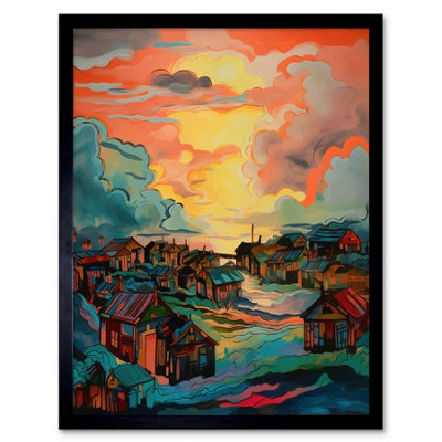 Artery8 Framed Wall Art Atmospheric Clouds Over Mono Fishing Village Cabins At Dawn Modern Watercolour Painting12X16 Inch from B&Q